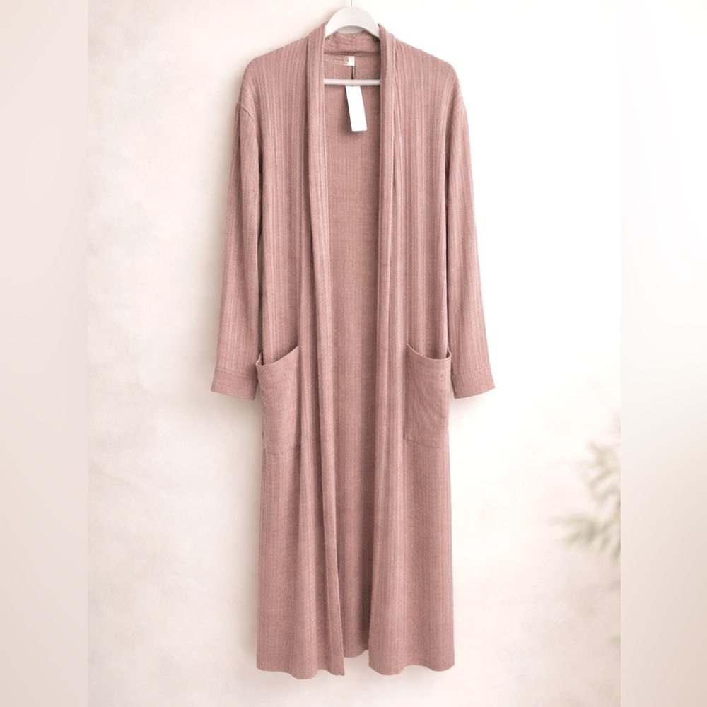 Three Bird Nest Mauve Long Full Length Ribbed Duster Open Cardigan